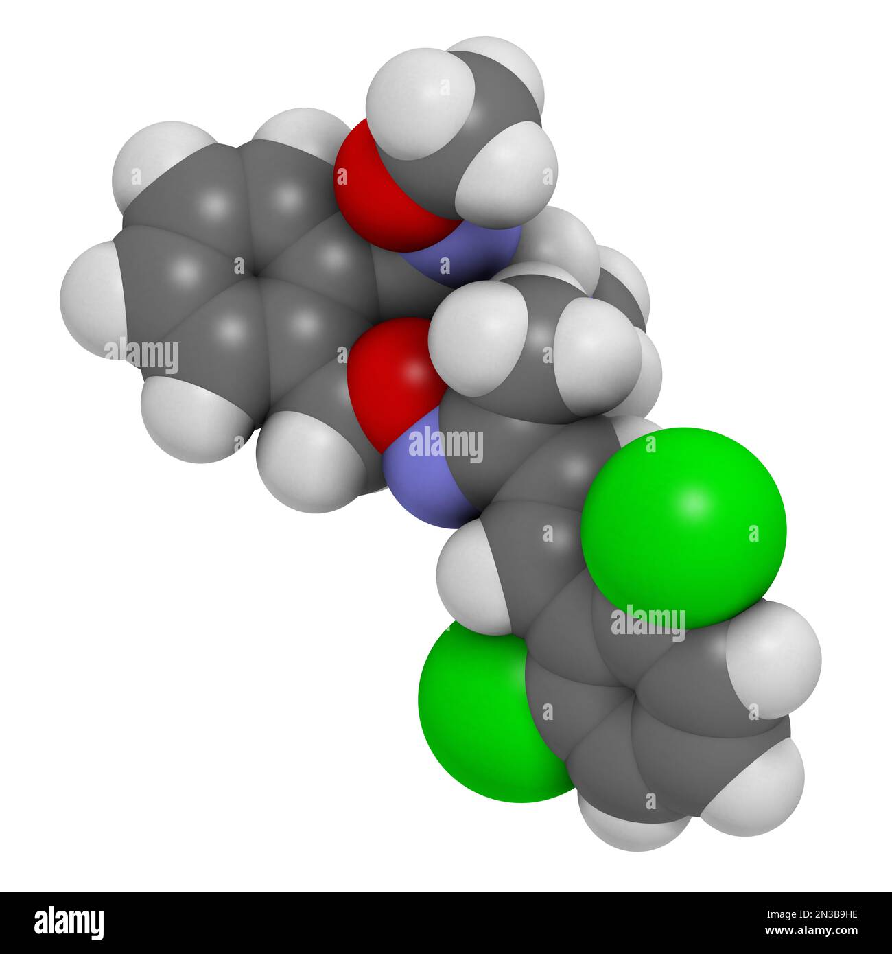 Molecola fungicida di Fenaminstrobin. Rendering 3D. Gli atomi sono rappresentati come sfere con codifica a colori convenzionale: Idrogeno (bianco), carbonio (grigio), ossi Foto Stock