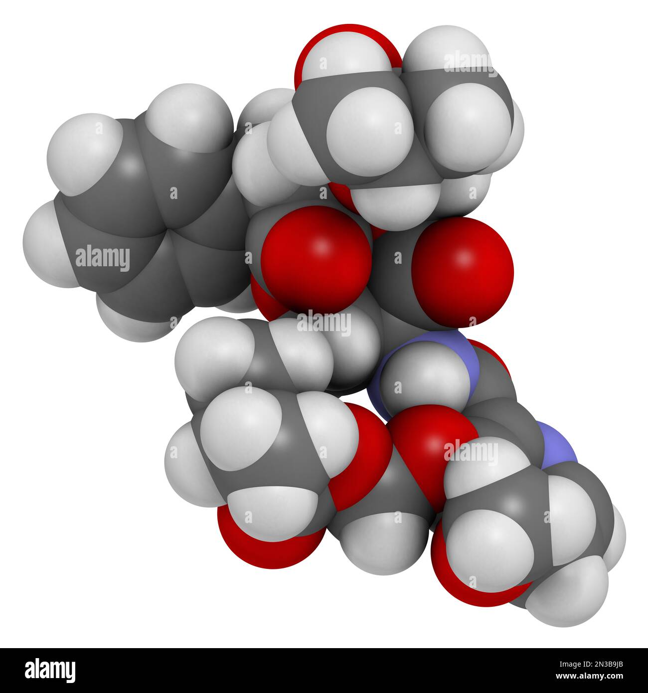 Molecola fungicida di fenpicoxamide. Rendering 3D. Gli atomi sono rappresentati come sfere con codifica a colori convenzionale: Idrogeno (bianco), carbonio (grigio), ossige Foto Stock