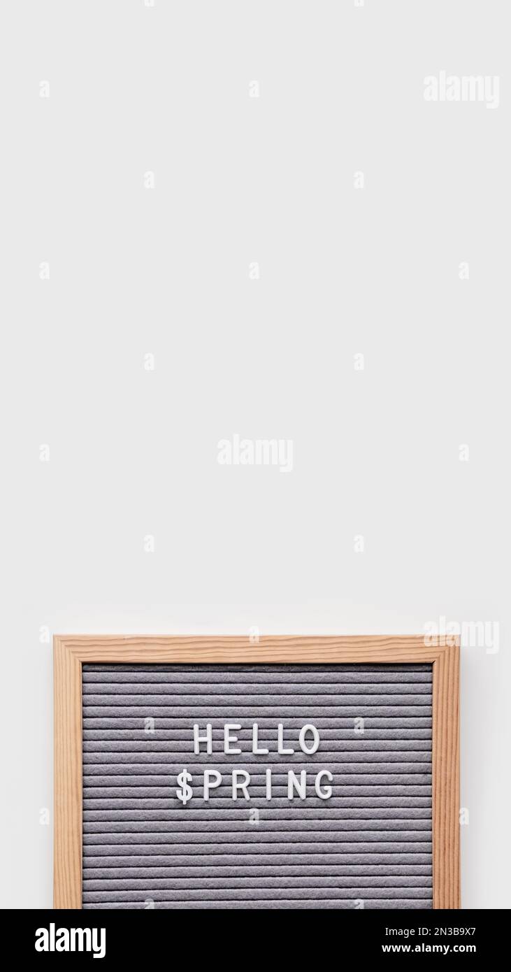 Cartoncino grigio con il saluto della stagione CIAO PRIMAVERA e simbolo del dollaro USA. Striscione verticale con spazio di copia. Foto Stock
