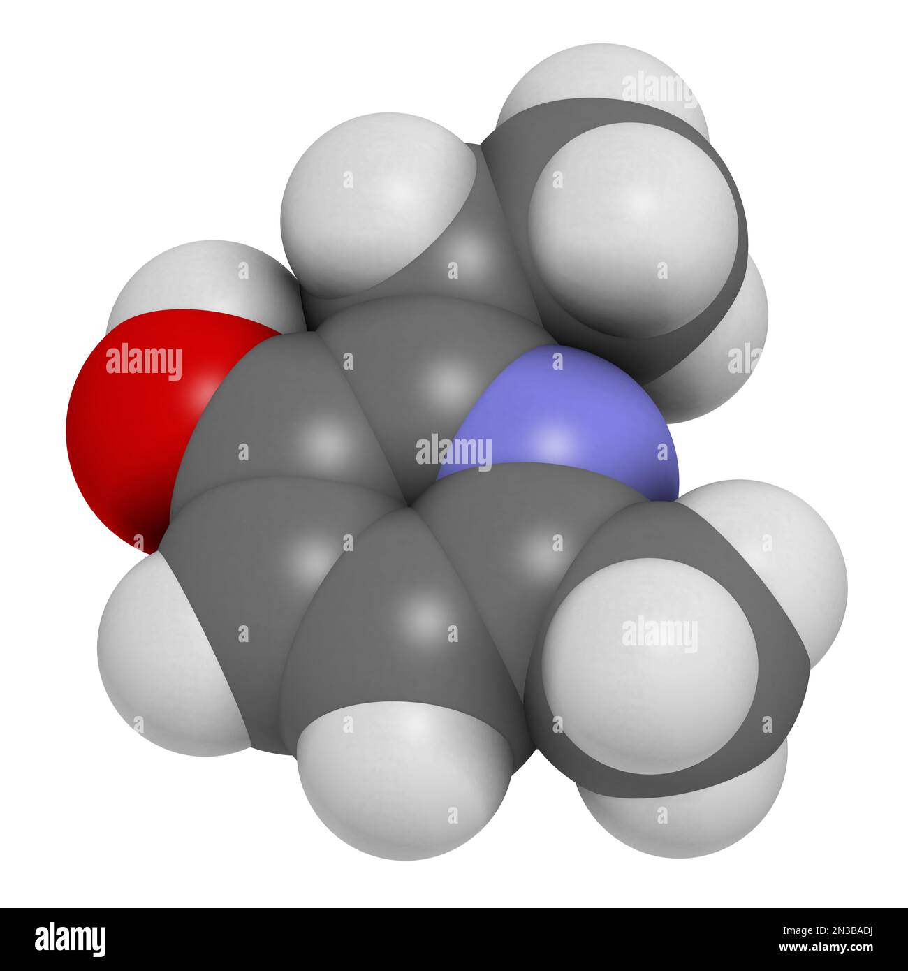 Molecola antiossidante di Emoxipina. Rendering 3D. Gli atomi sono rappresentati come sfere con codifica a colori convenzionale: Idrogeno (bianco), carbonio (grigio), ossigeno Foto Stock