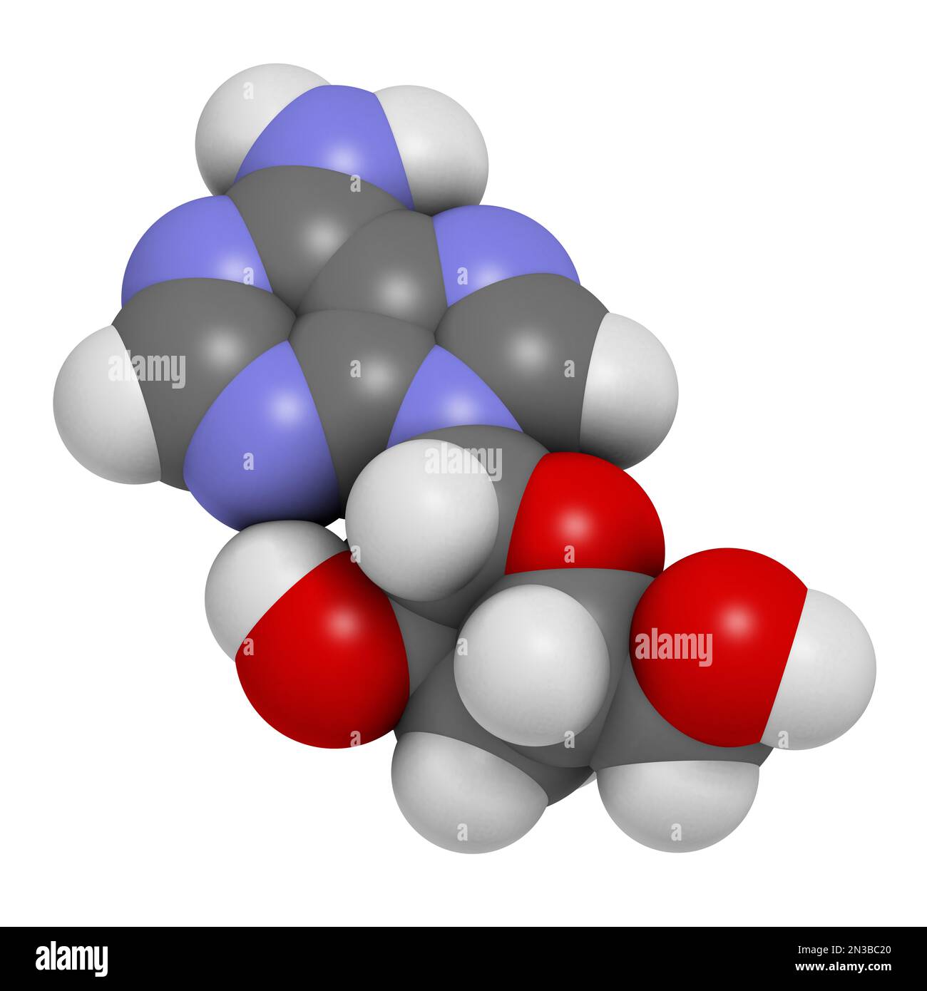 Molecola di Cordycepin. Rendering 3D. Gli atomi sono rappresentati come sfere con codifica a colori convenzionale: Idrogeno (bianco), carbonio (grigio), ossigeno (rosso), nit Foto Stock