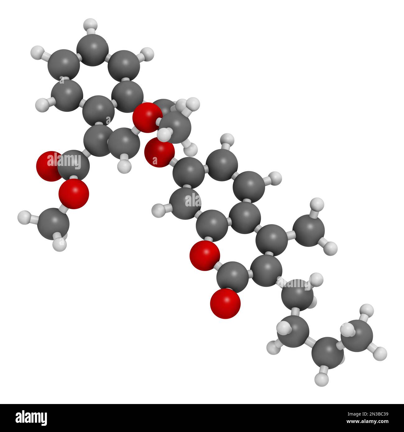 Molecola fungicida di Coumoxystrobin. Rendering 3D. Gli atomi sono rappresentati come sfere con codifica a colori convenzionale: Idrogeno (bianco), carbonio (grigio), ossi Foto Stock