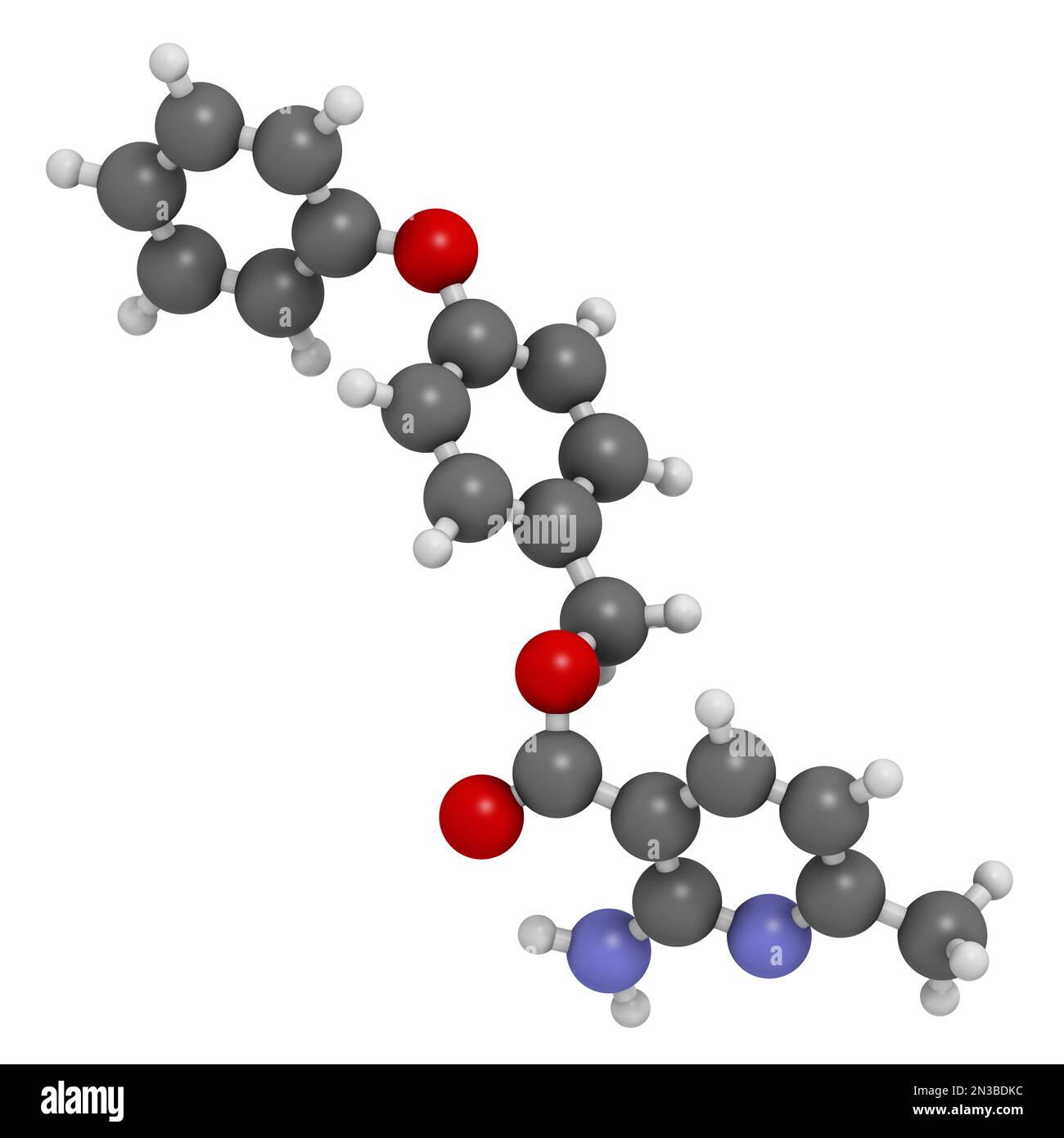 Molecola fungicida Aminopyrifen. Rendering 3D. Gli atomi sono rappresentati come sfere con codifica a colori convenzionale: Idrogeno (bianco), carbonio (grigio), ossige Foto Stock