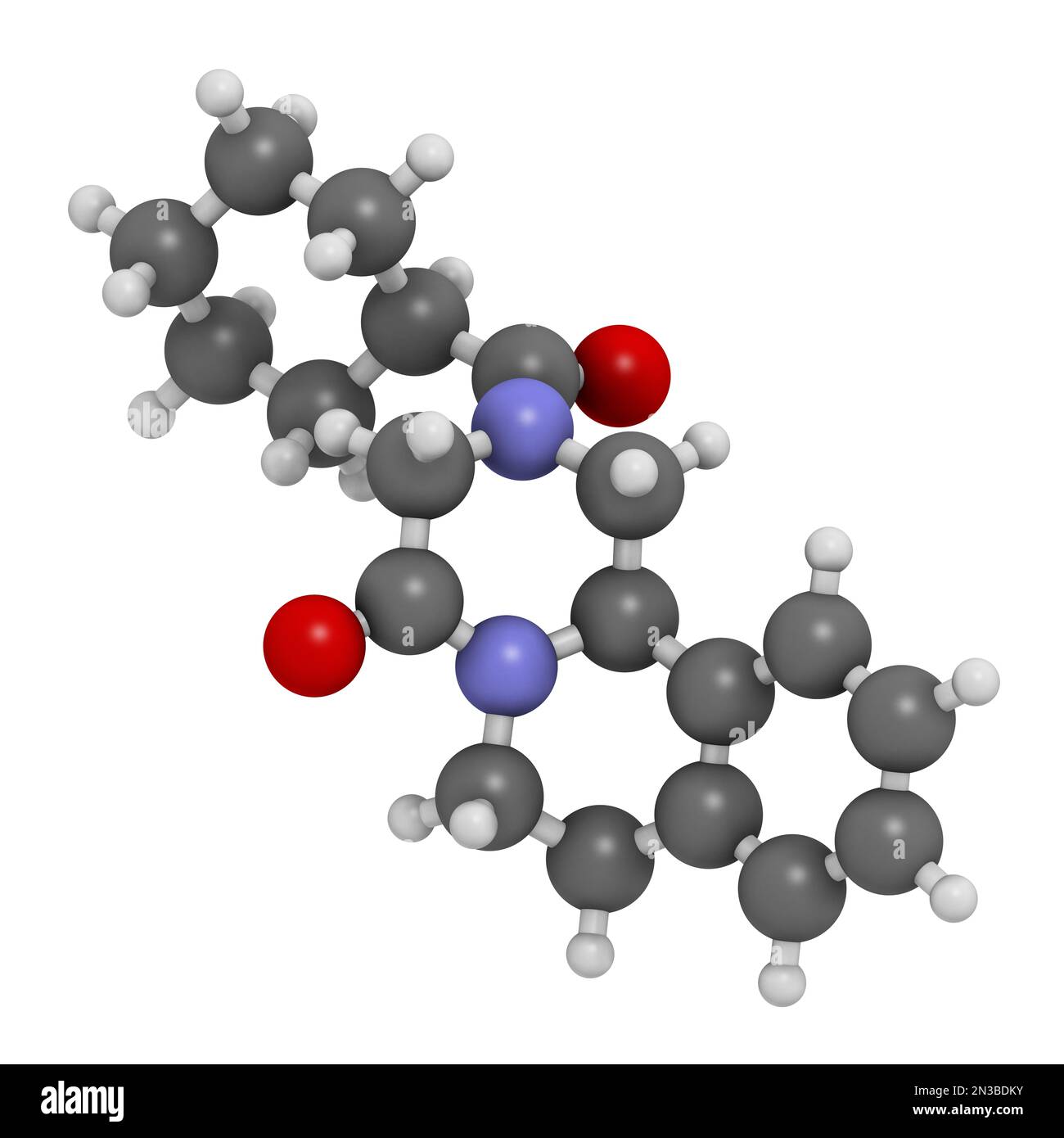 Molecola di farmaco di Arpraziquantel. Rendering 3D. Gli atomi sono rappresentati come sfere con codifica a colori convenzionale: Idrogeno (bianco), carbonio (grigio), azoto Foto Stock