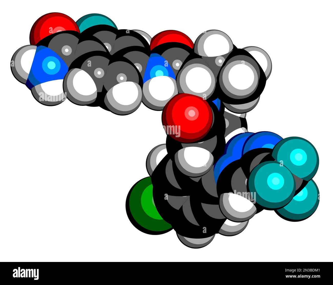 Molecola di farmaco asundexiana. Inibitore del fattore XIa. Rendering 3D. Gli atomi sono rappresentati come sfere con codifica a colori convenzionale: Idrogeno (bianco), ca Foto Stock
