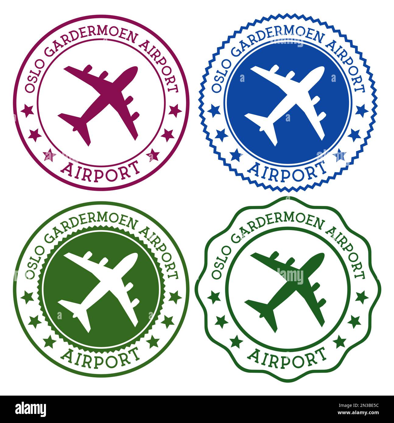 Aeroporto Gardermoen di Oslo. Logo dell'aeroporto di Oslo. Timbri piatti nella tavolozza dei colori dei materiali. Illustrazione vettoriale. Illustrazione Vettoriale