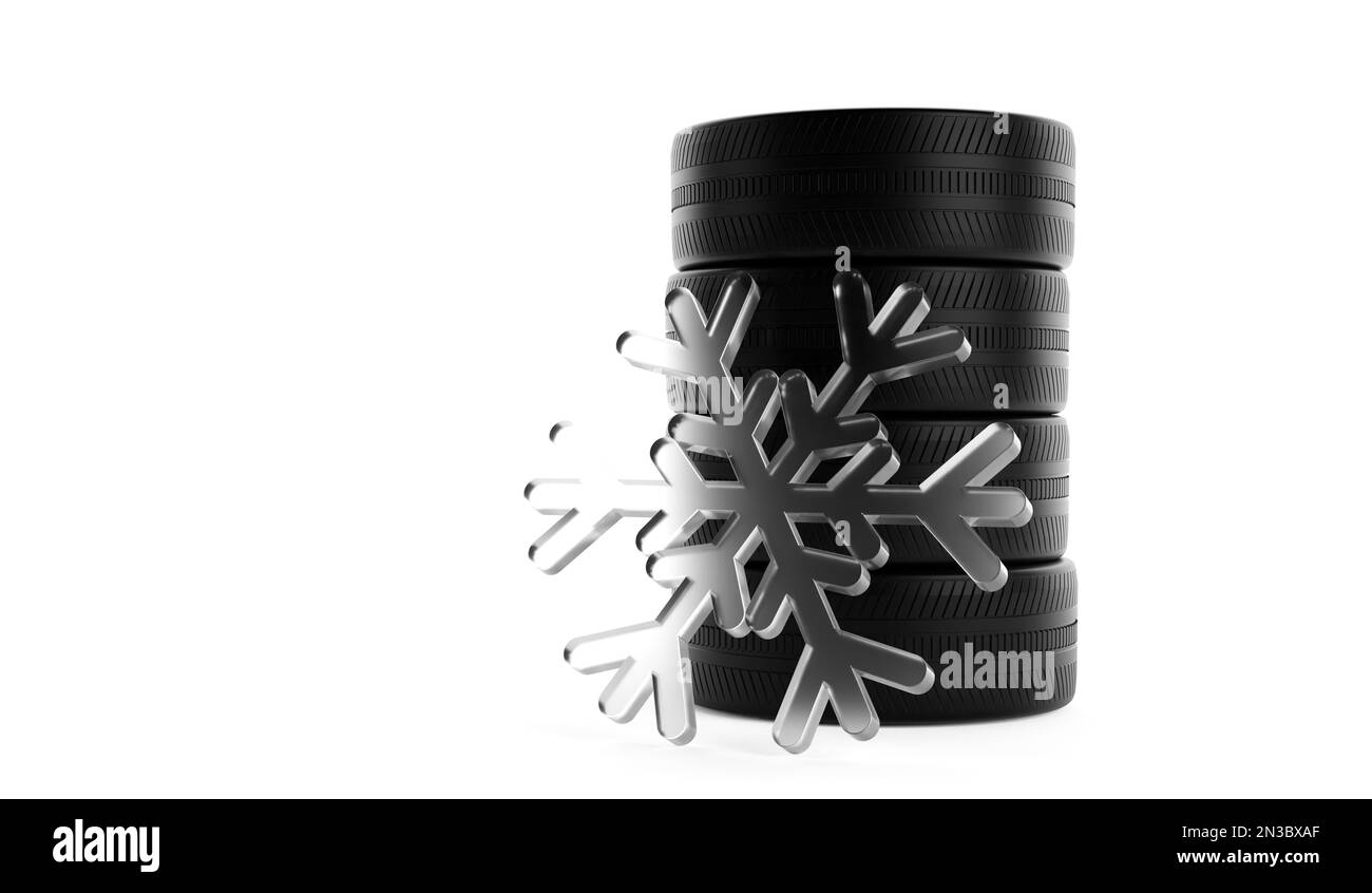 Stack di quattro pneumatici auto su sfondo bianco con abstract fiocco di neve, pneumatico invernale o pneumatico da neve concetto, 3D illustrazione Foto Stock