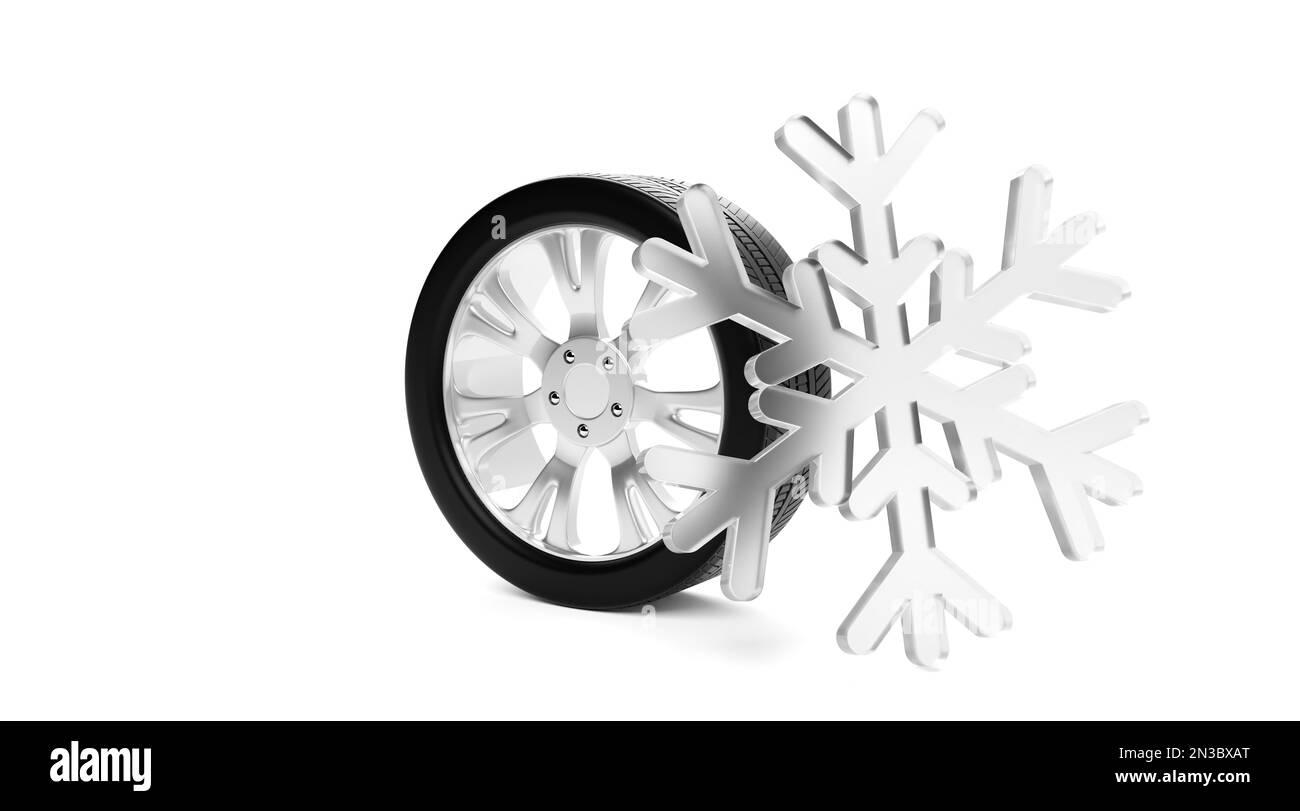Pneumatico singolo per auto in piedi su sfondo bianco con fiocco di neve astratto in piedi accanto ad esso, pneumatico invernale o pneumatico da neve concept, illustrazione 3D Foto Stock