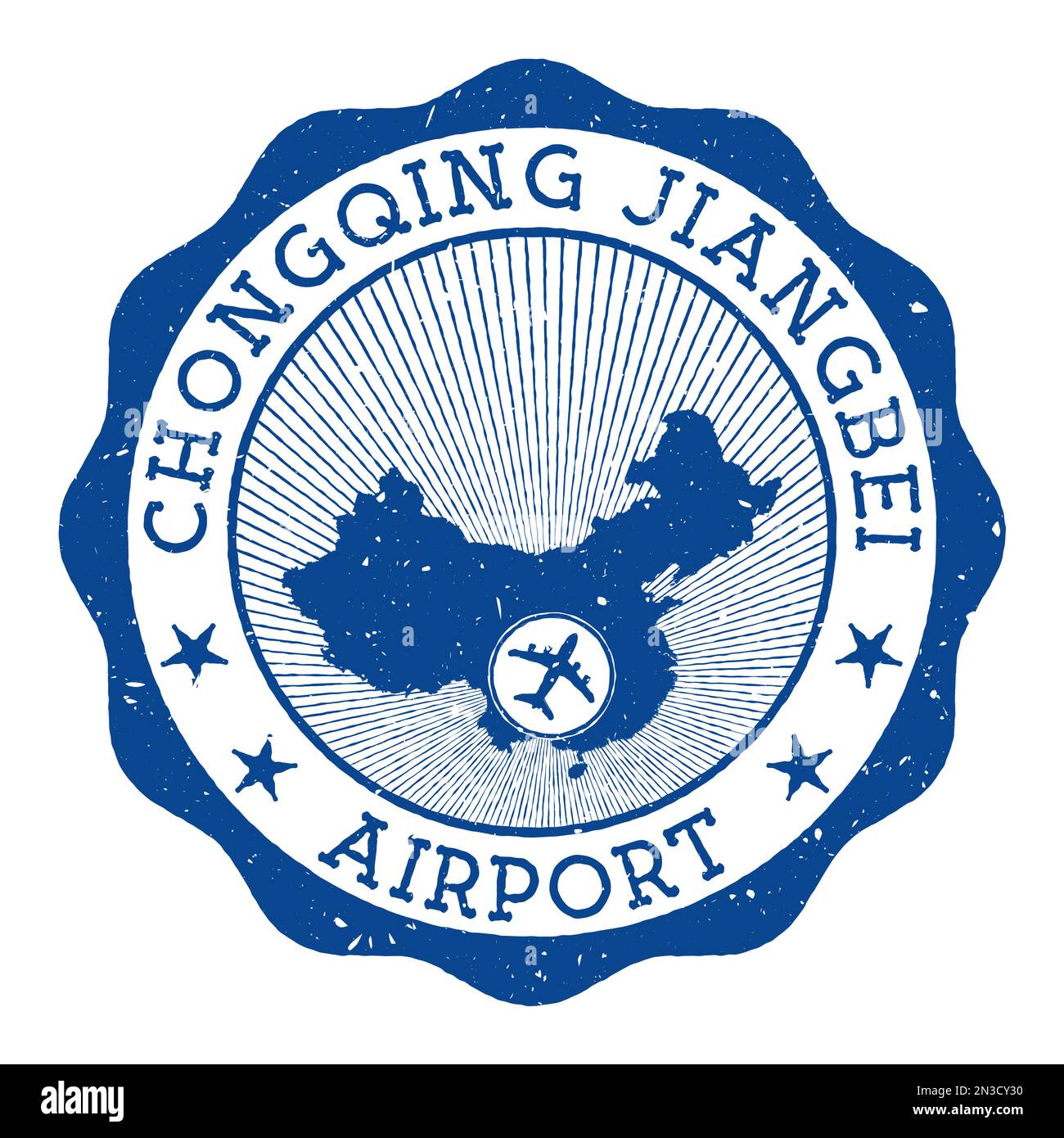 Timbro dell'aeroporto di Chongqing Jiangbei. Logo rotondo dell'aeroporto di Chongqing con posizione sulla mappa della Cina contrassegnata dall'aereo. Illustrazione vettoriale. Illustrazione Vettoriale