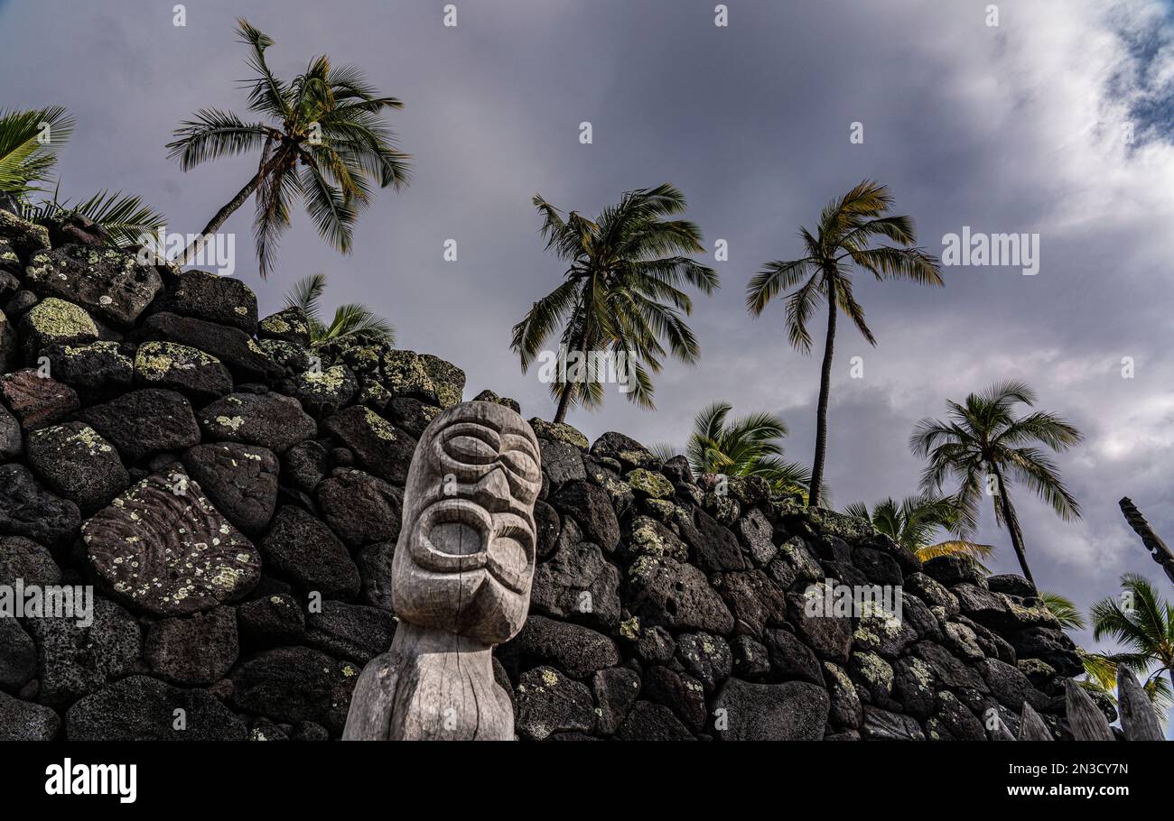Palme contro nuvole piovose subito dopo una tempesta fuori dalla grande Muraglia che racchiude il Parco storico nazionale PU'uhonua o Hōnaunau sulla ... Foto Stock