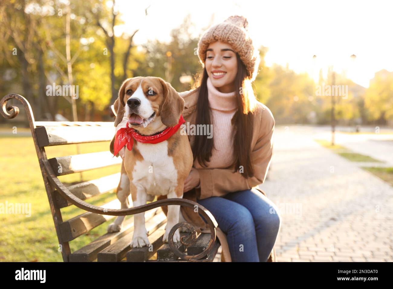 Donna che cammina il suo carino cane Beagle nel parco autunnale Foto Stock