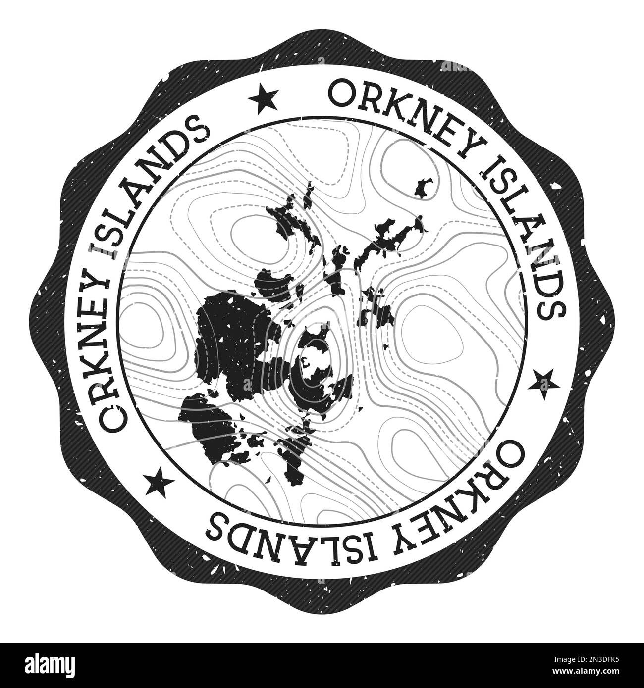 Francobollo all'aperto delle Isole Orcadi. Adesivo rotondo con mappa dell'isola con isoline topografiche. Illustrazione vettoriale. Illustrazione Vettoriale