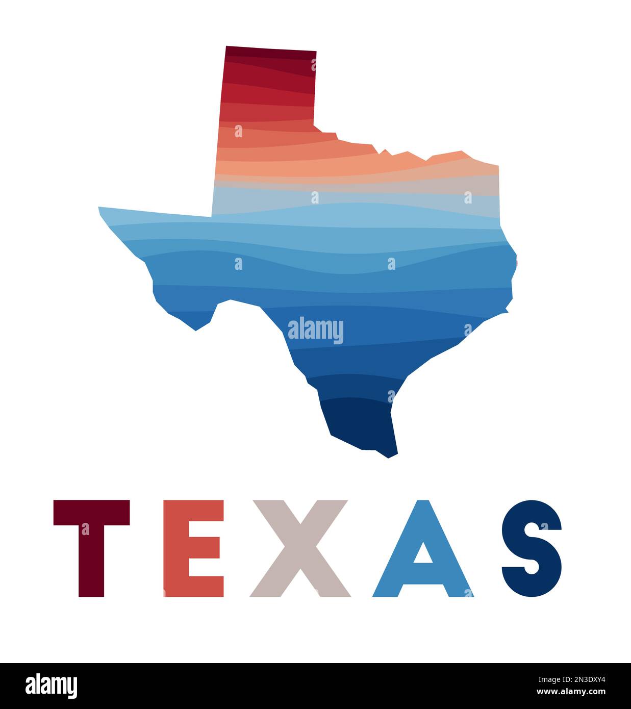 Mappa del Texas. Mappa dello stato degli Stati Uniti con splendide onde geometriche di colore rosso-blu. Vivace forma texana. Illustrazione vettoriale. Illustrazione Vettoriale