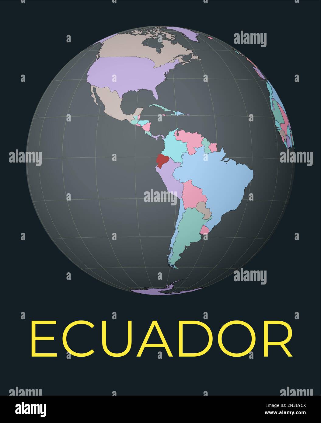 Mappa del mondo centrata su Ecuador. Paese rosso evidenziato. Vista del mondo satellite centrata sul paese con il nome. Illustrazione vettoriale. Illustrazione Vettoriale