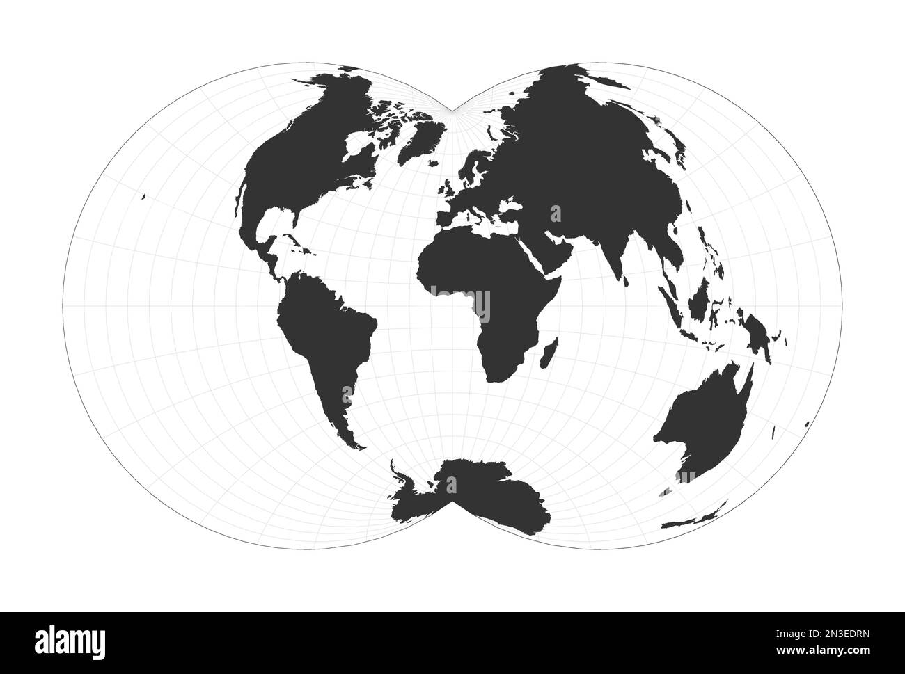 Mappa del mondo. Proiezione globulare Nicolosi. Globo con latitudine e longitudine netta. Mappa del mondo su meridiani e paralleli sullo sfondo. Illustrazione Vettoriale