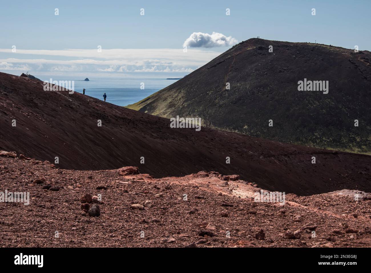 Persone che camminano sulle pendici vulcaniche esplorando il vulcano, Eldfell, sull'isola di Heimaey, parte delle Isole Westman, un arcipelago di alcuni... Foto Stock