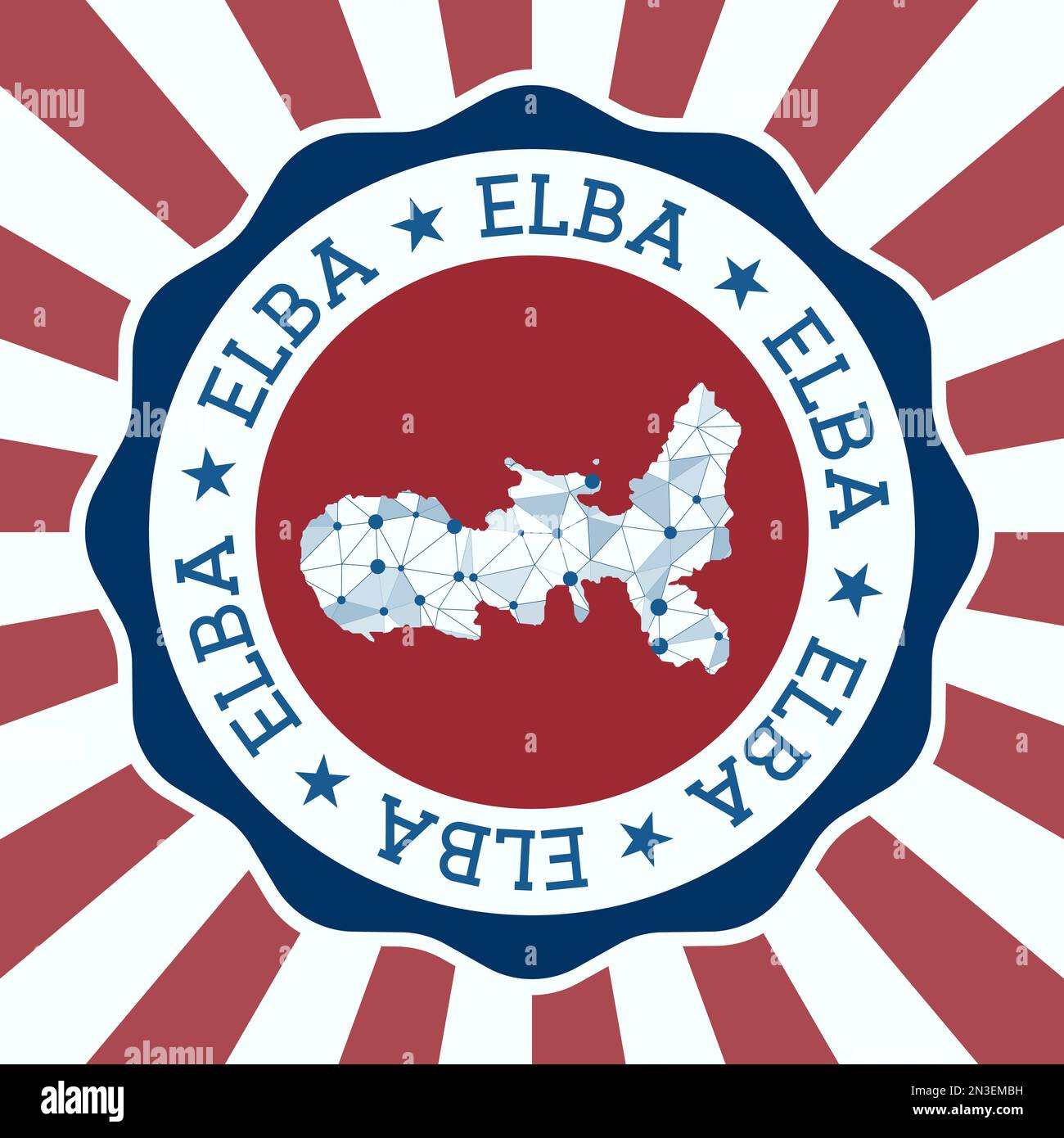Distintivo Elba. Logo rotondo dell'isola con mappa a maglia triangolare e raggi radiali. Vettore EPS10. Illustrazione Vettoriale