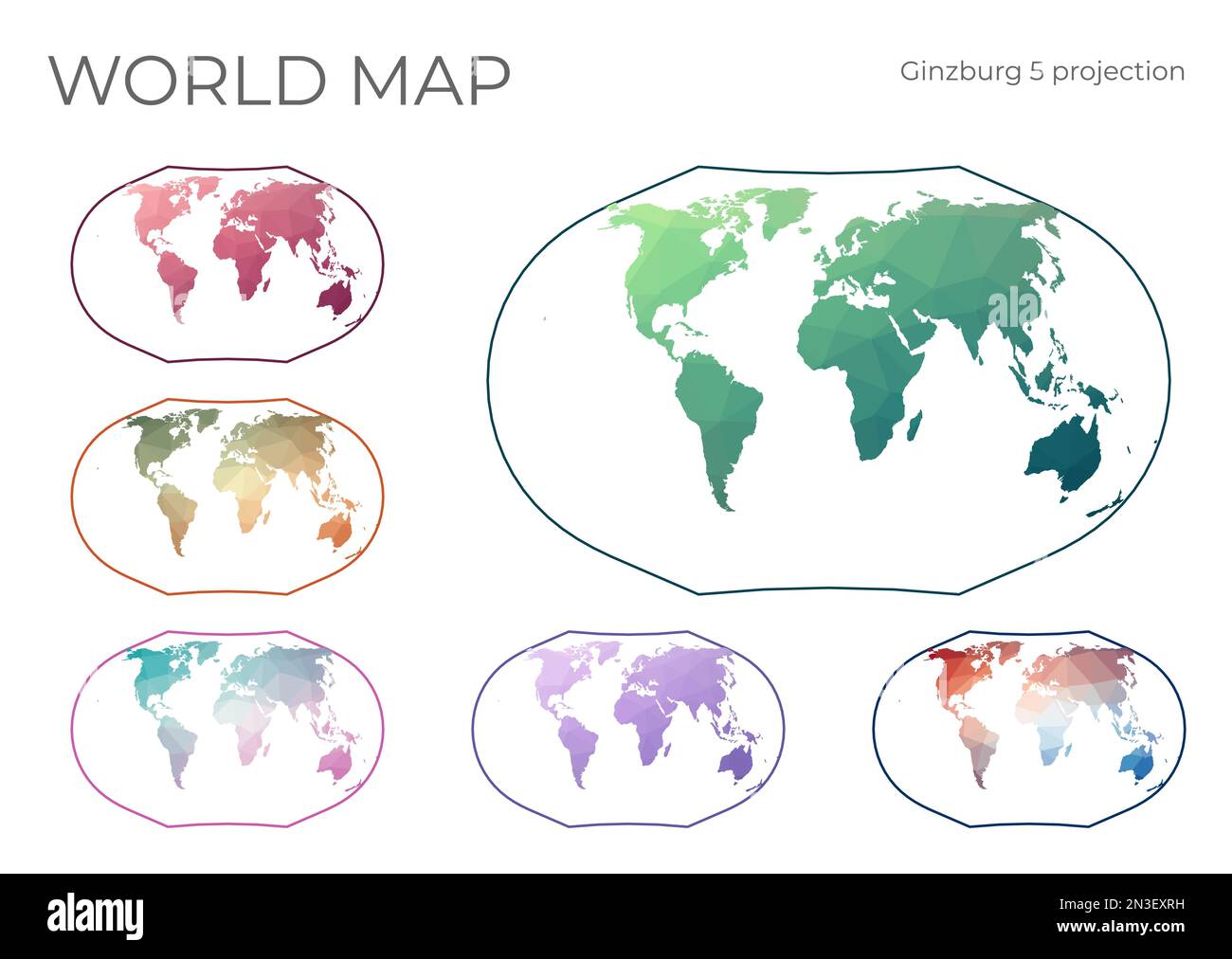 Mappa mondo Poly bassa impostata. Proiezione Ginzburg V. Collezione di mappe del mondo in stile geometrico. Illustrazione vettoriale. Illustrazione Vettoriale