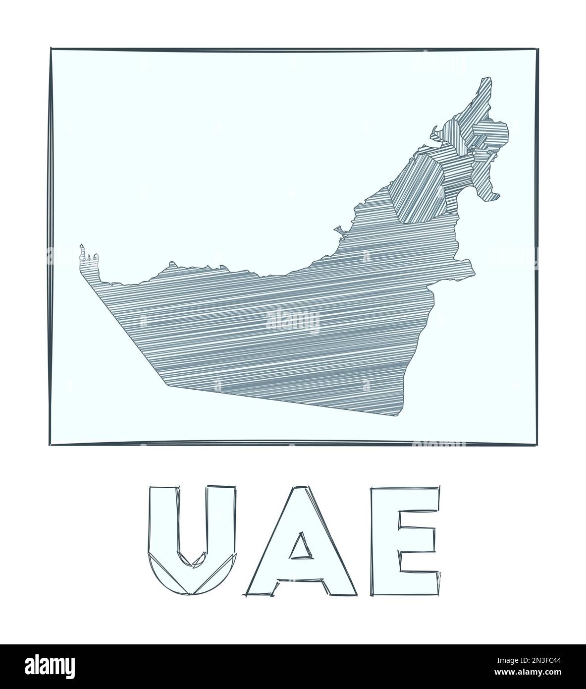 Mappa di schizzo degli Emirati Arabi Uniti. Mappa del paese disegnata a mano in scala di grigi. Regioni riempite con strisce di hachure. Illustrazione vettoriale. Illustrazione Vettoriale