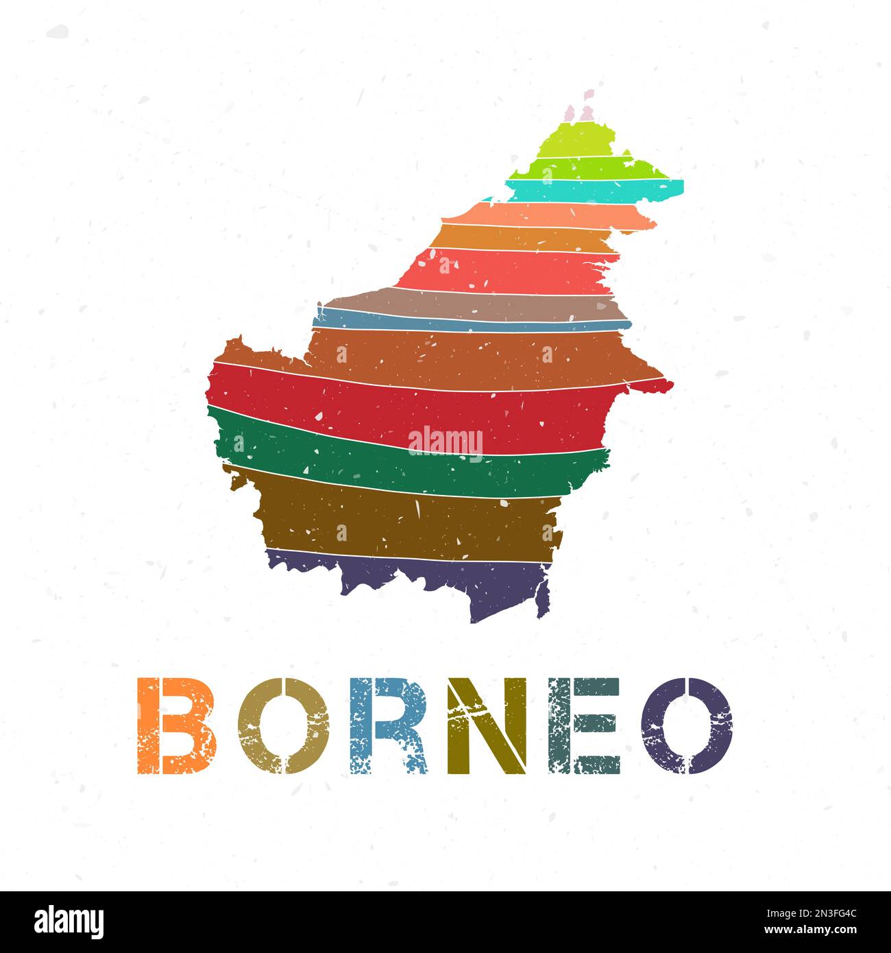 Mappa Borneo. Forma dell'isola con belle onde geometriche e texture grunge. Illustrazione vettoriale brillante. Illustrazione Vettoriale