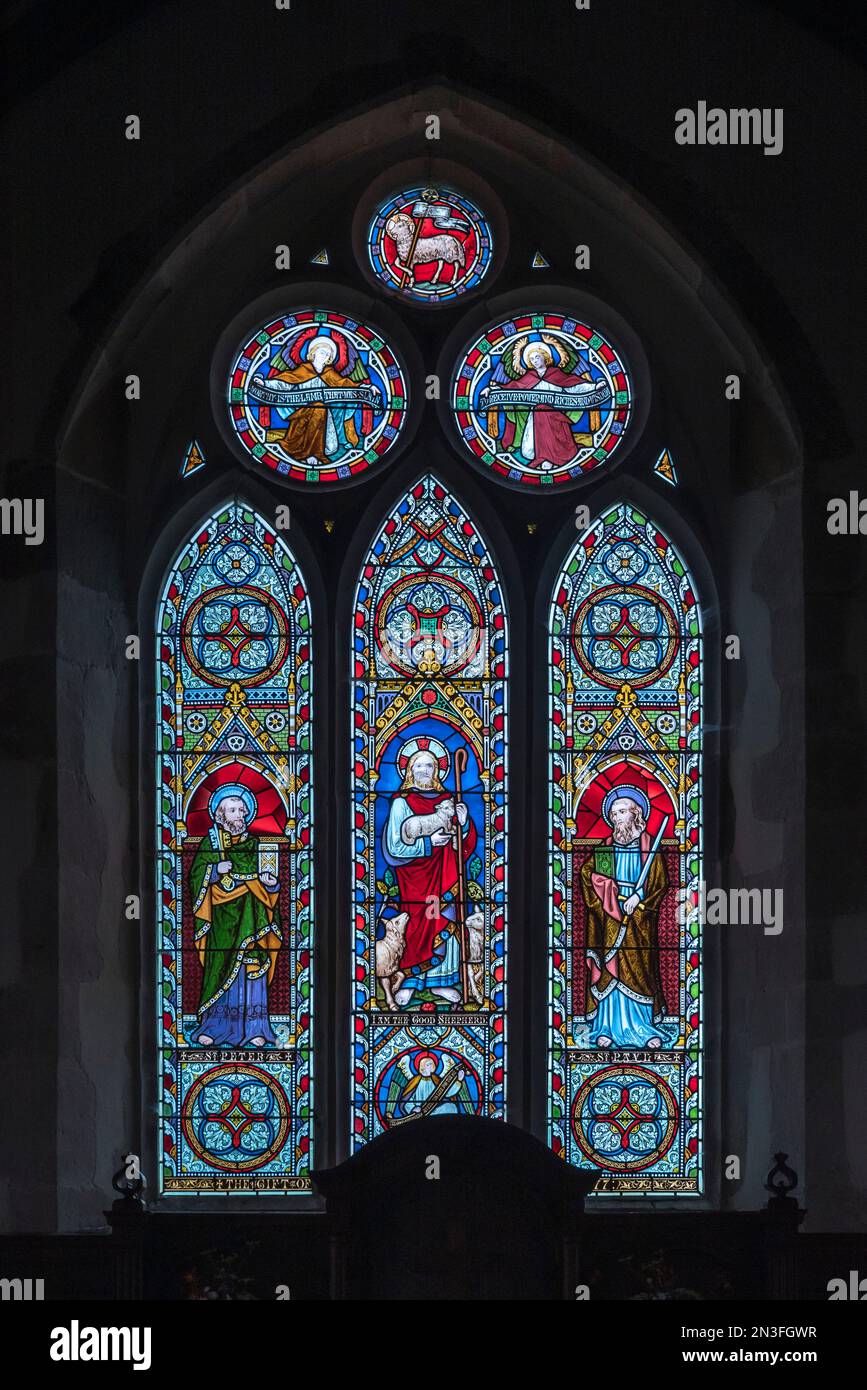 Vetrate colorate di Martin All Saints Church, Rockbourne, vicino a Salisbury, Wiltshire, Regno Unito; Rockbourne, Wiltshire, Inghilterra Foto Stock