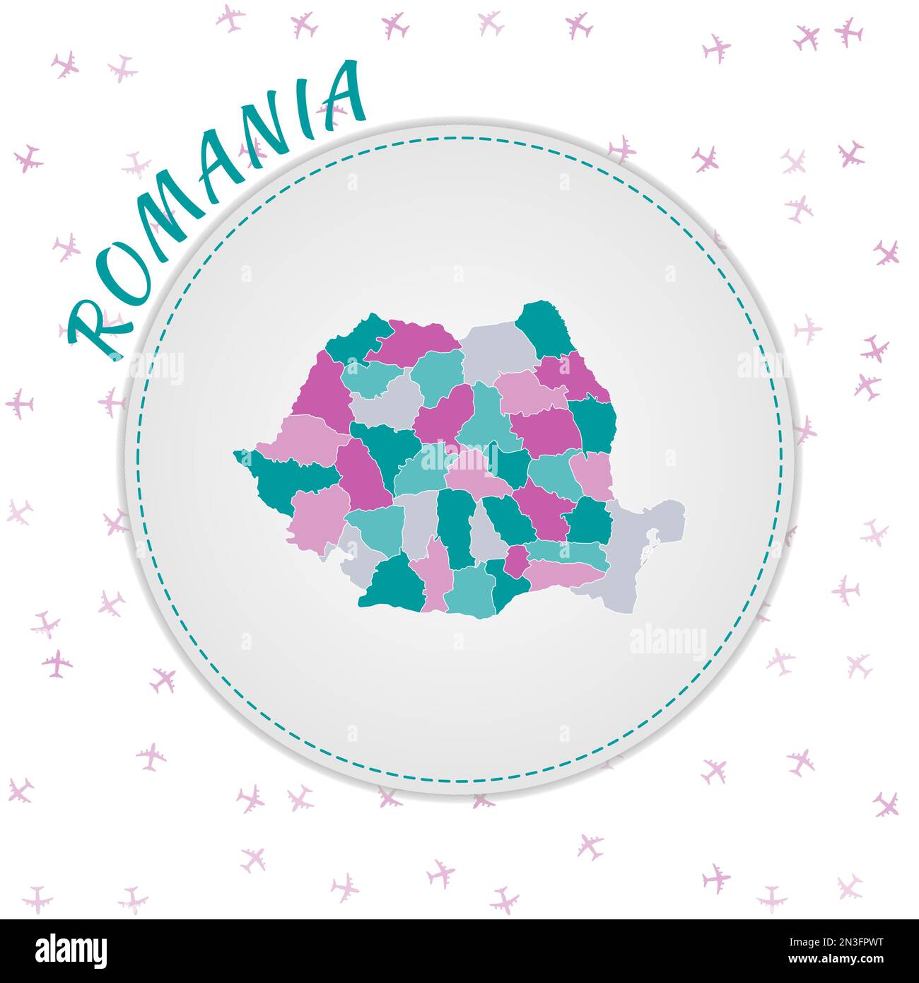 Progetto mappa Romania. Mappa del paese con regioni nella tavolozza dei colori smeraldo-ametista. Illustrazione Vettoriale
