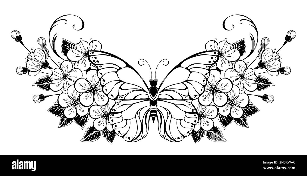 Farfalla contornata, disegnata artisticamente decorata con bouquet simmetrico di fiori di ciliegio giapponesi. Stile tatuaggio. Contorno sakura. Illustrazione Vettoriale