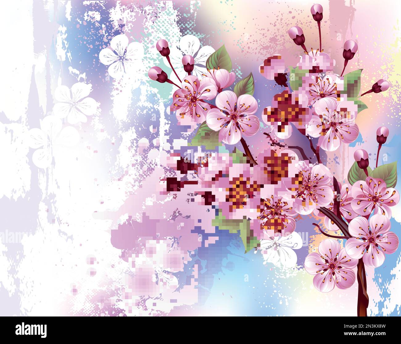 Disegnato artisticamente, ramo di rosa, fiori di ciliegio su sfondo pittoresco, testurizzato, dipinto con vernice bianca, rosa e blu. Sakura rosa Illustrazione Vettoriale