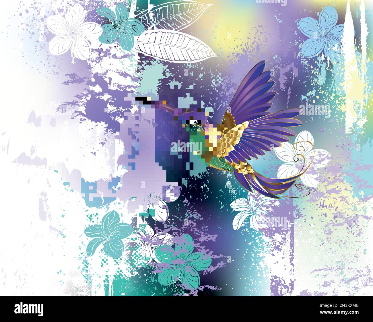 Volando, viola, hummingbird gioiellato su pittoresco, dipinto viola, bianco, e verde adornato con fiori plumeria. Sfondo esotico. Illustrazione Vettoriale