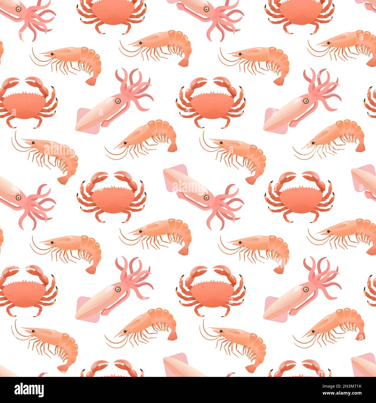 Modello senza cuciture con frutti di mare, gamberetti, calamari e granchi. Illustrazione del vettore cartoon Illustrazione Vettoriale