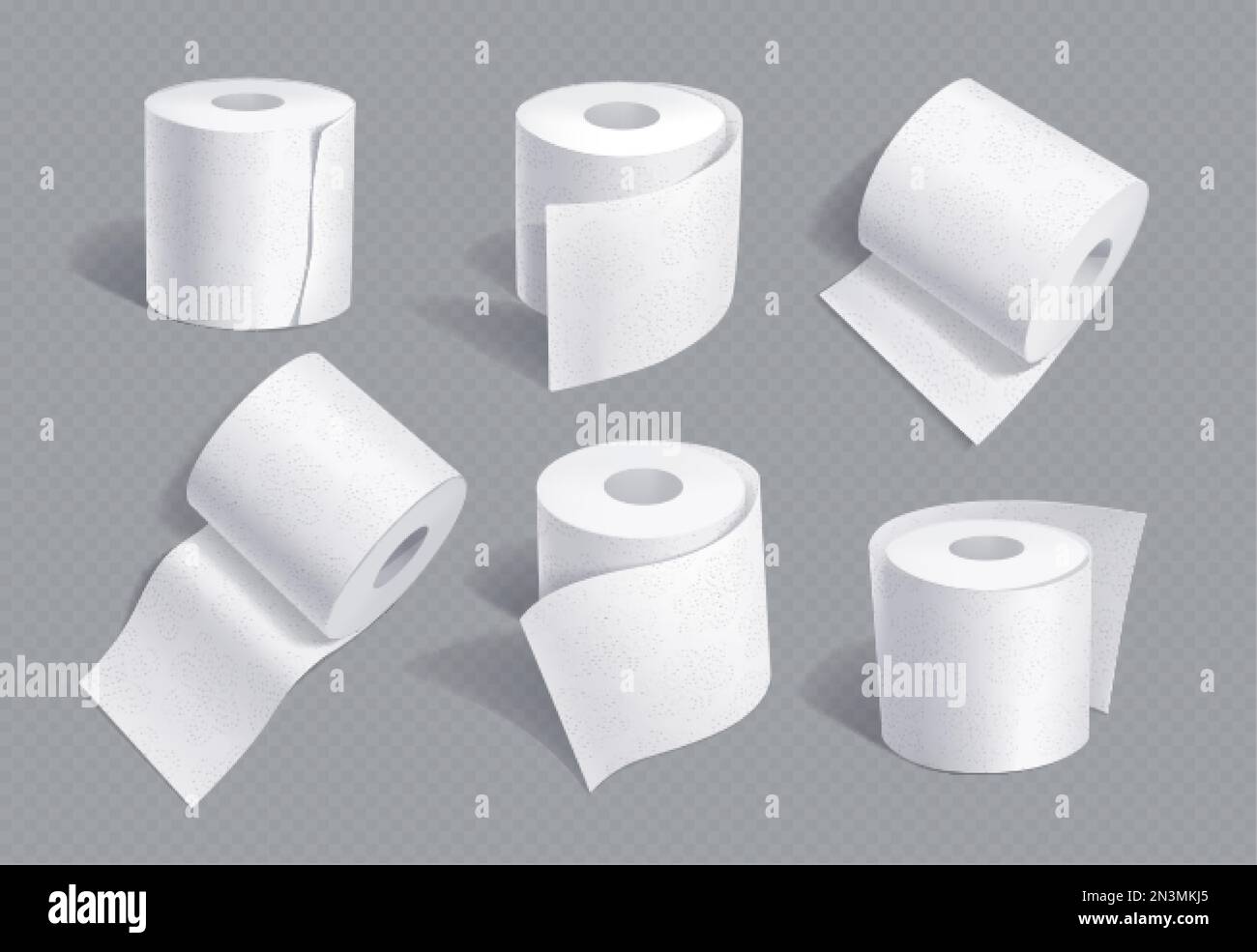 Set realistico di mockup di carta igienica isolati su sfondo trasparente. 3D illustrazione vettoriale di rotoli di carta igienica bianca morbida per bagno o la Illustrazione Vettoriale