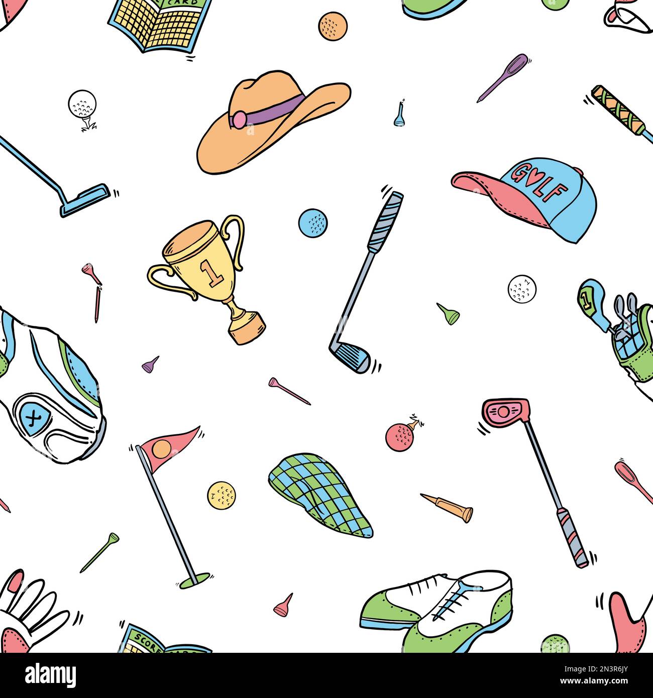 Golf doodle modello senza cuciture. Sfondo dell'illustrazione vettoriale del fumetto. Per stampa, tessile, web, arredamento, moda, superficie, grafico Illustrazione Vettoriale