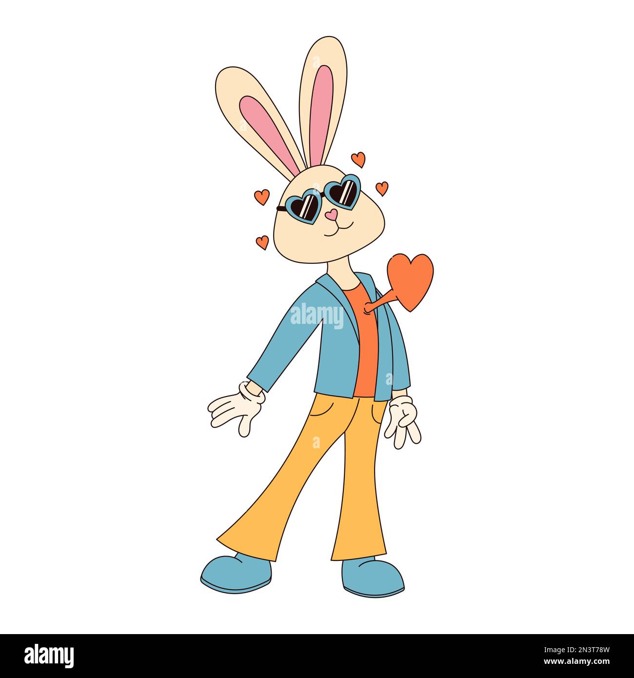 Hippie groovy buon carattere di Pasqua. Coniglietto di Pasqua in stile cartoon retrò 60s 70s alla moda. Illustrazione Vettoriale