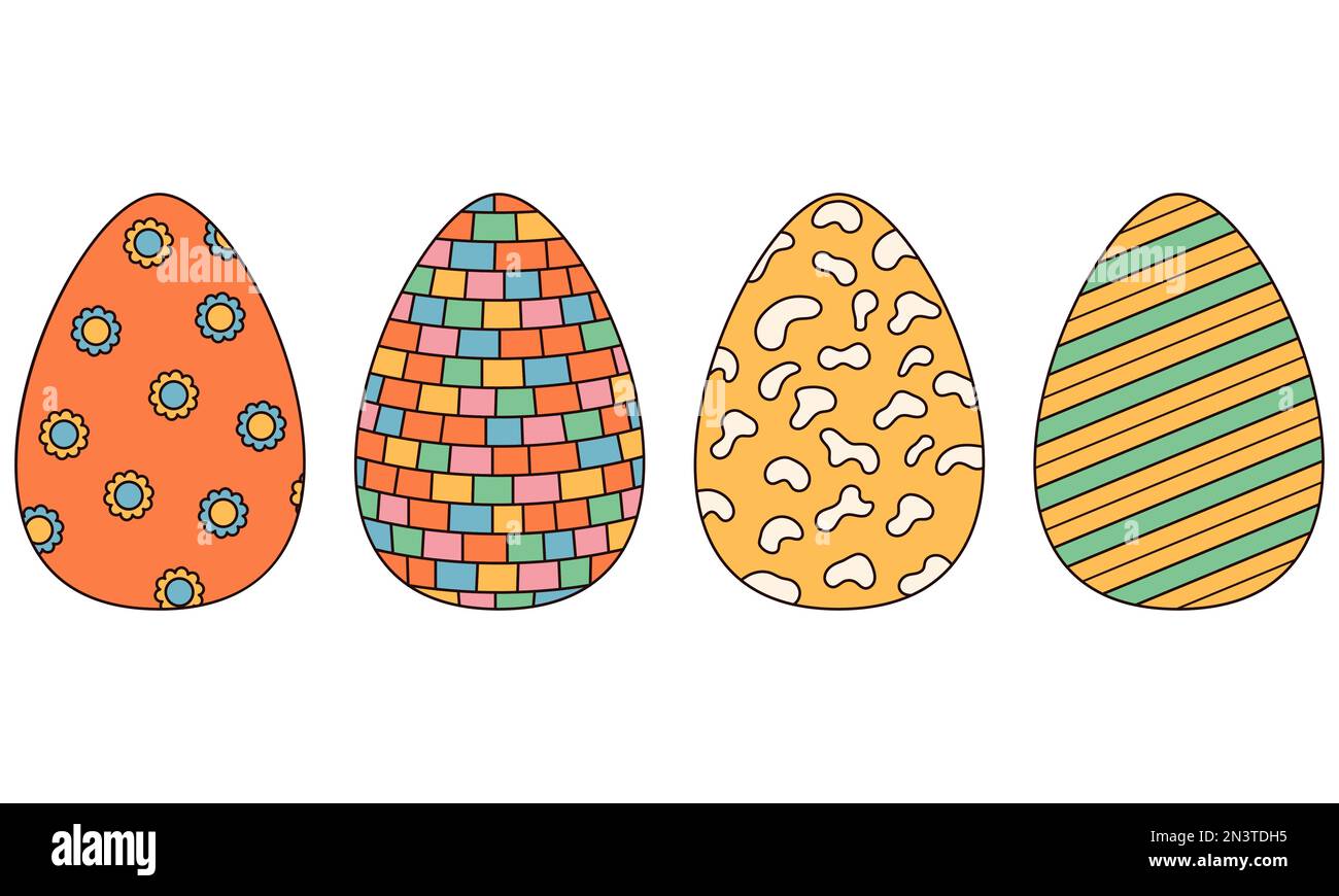 Hippie Buona Pasqua. groovy Set di uova di Pasqua con motivi in stile retrò 60s 70s alla moda. Illustrazione Vettoriale