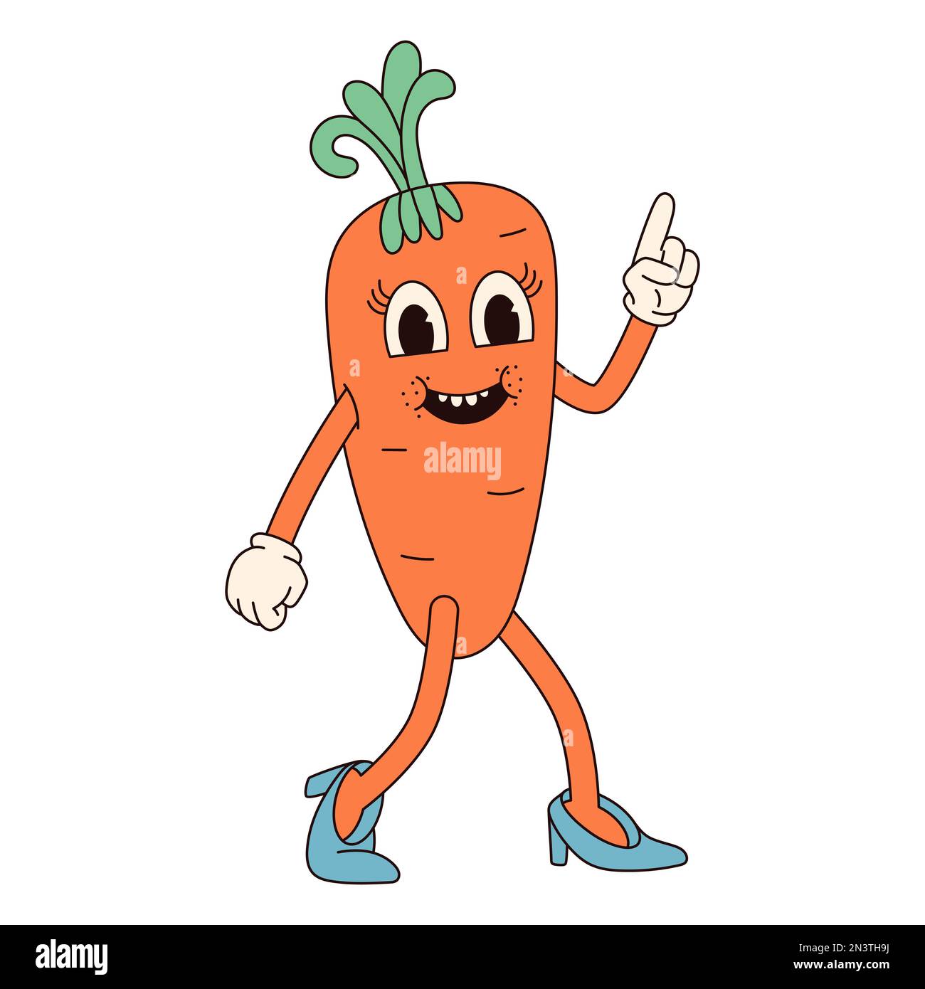 Hippie groovy buon carattere di Pasqua. Carota di Pasqua in stile cartoon retrò 60s 70s alla moda. Illustrazione Vettoriale