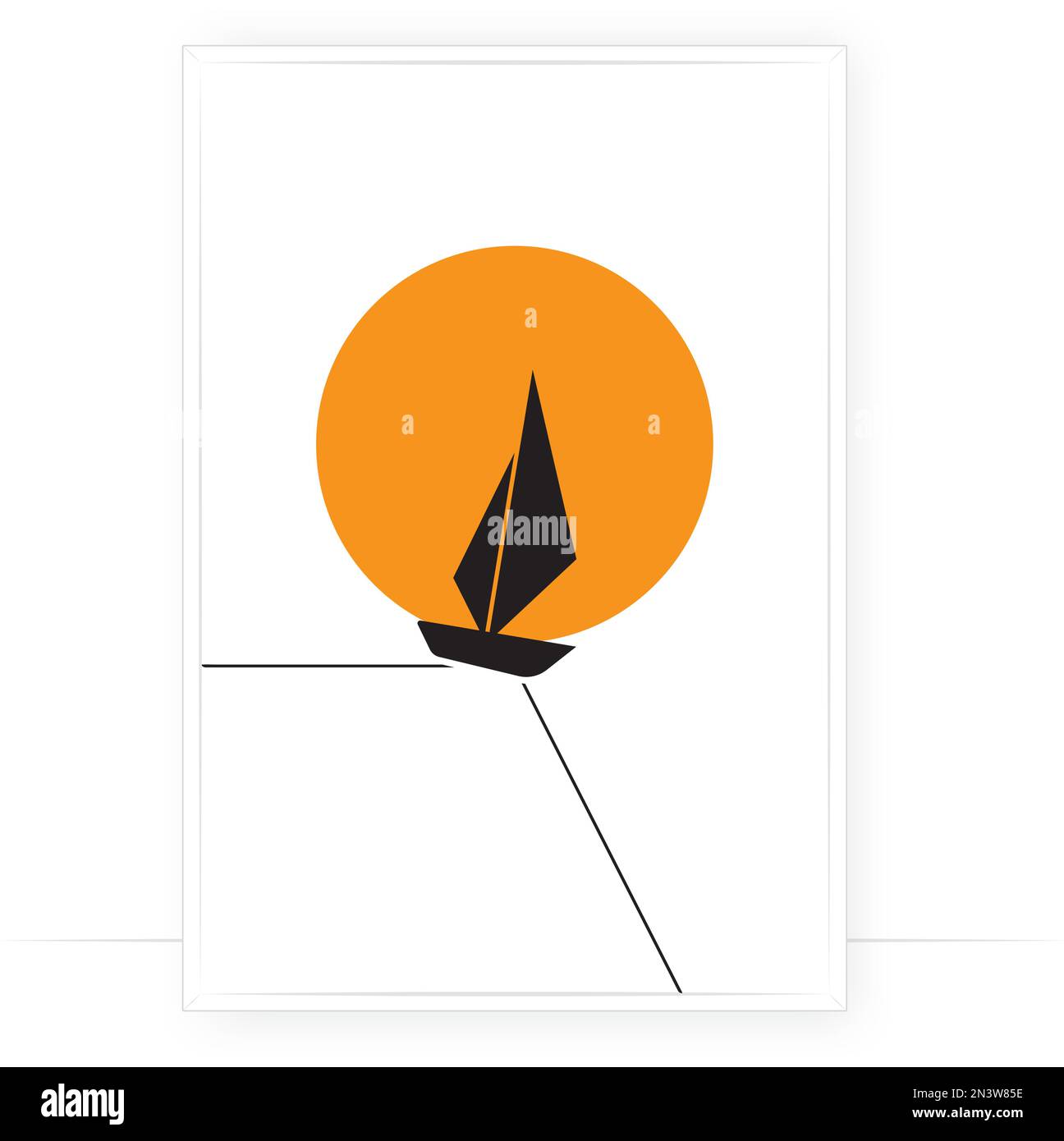 Silhouette della barca al tramonto che cade, vettore. Design minimalista a poster con linee semplici. Illustrazione Vettoriale