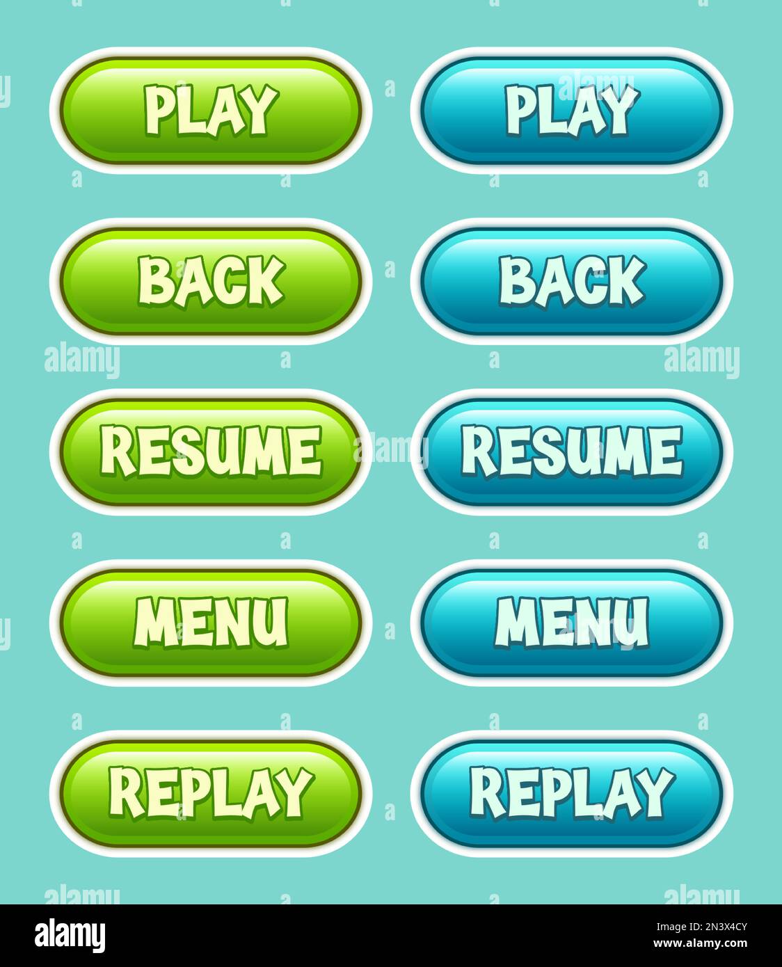 Set di pulsanti vettoriali GUI con effetto testo modificabile per la progettazione dell'interfaccia utente di giochi e applicazioni per dispositivi mobili. Pulsanti GUI in stile caramella. Illustrazione Vettoriale