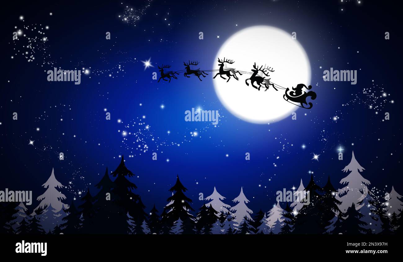 Magia vigilia di Natale. Babbo Natale con renne che volano in cielo nella notte di luna piena Foto Stock