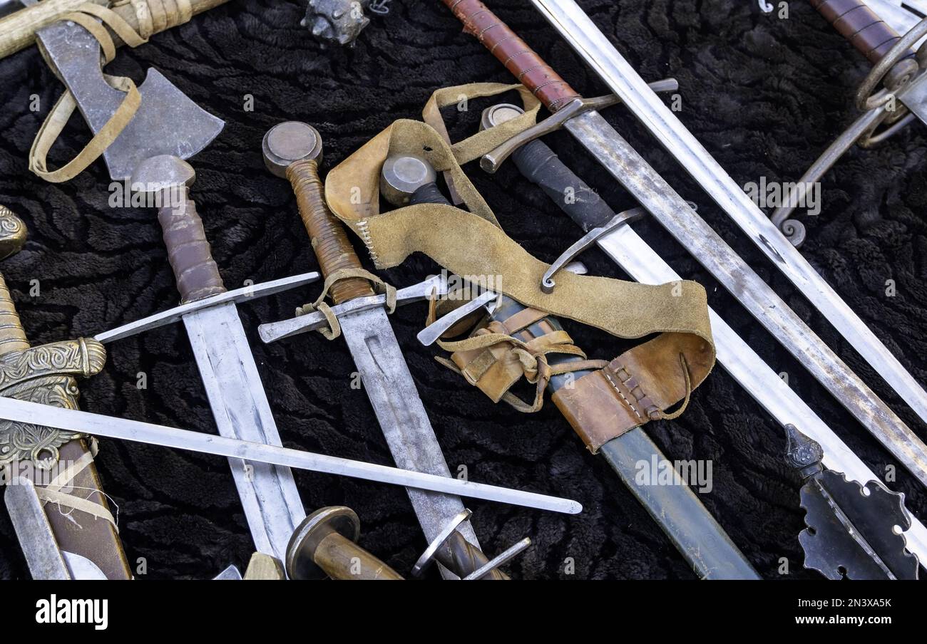 Particolare di vecchi strumenti di guerra, inquisizione, Templari Foto Stock