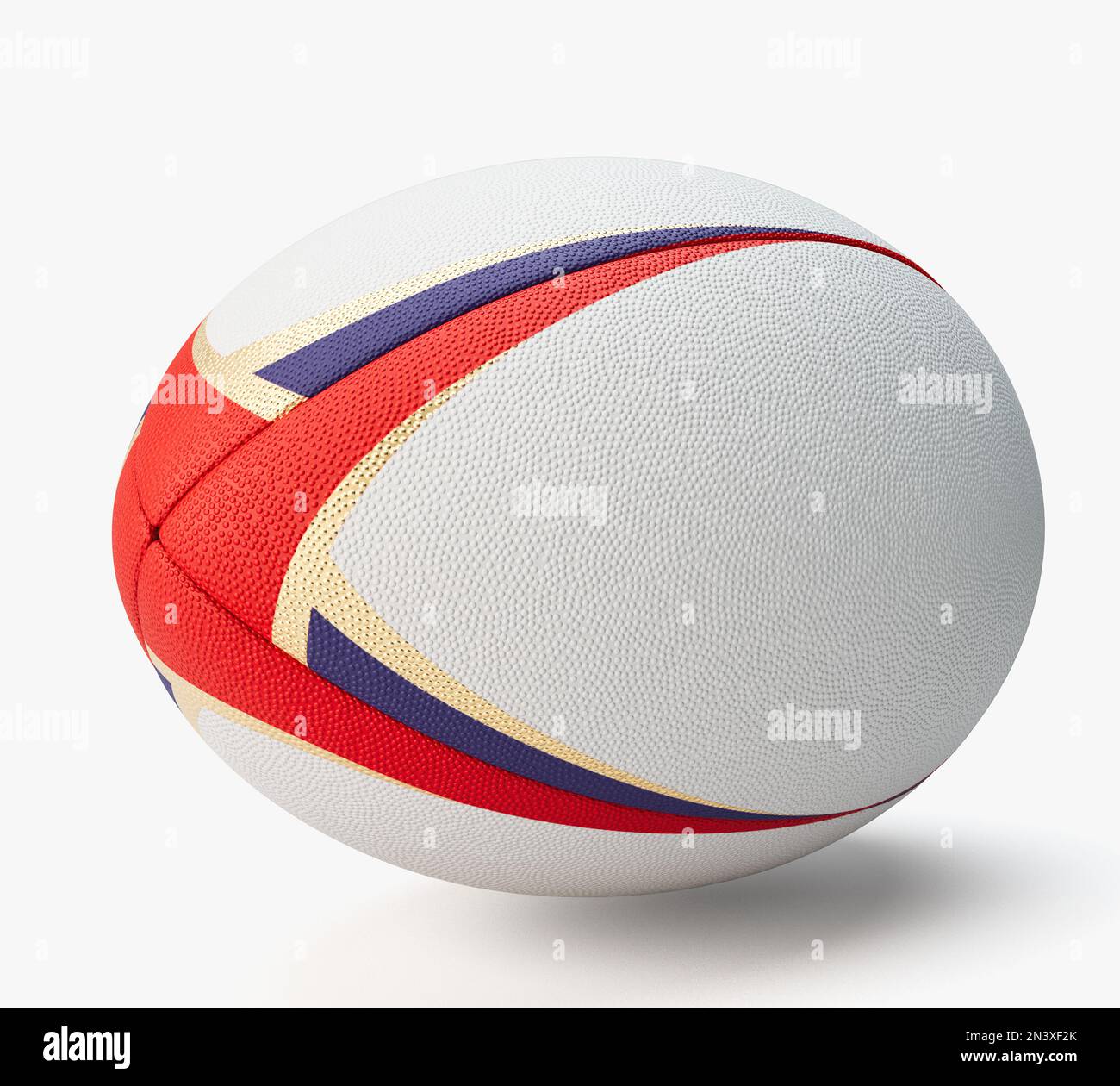 Una palla rugby bianca testurizzata con elementi di design colorati su uno sfondo isolato - rendering 3D Foto Stock