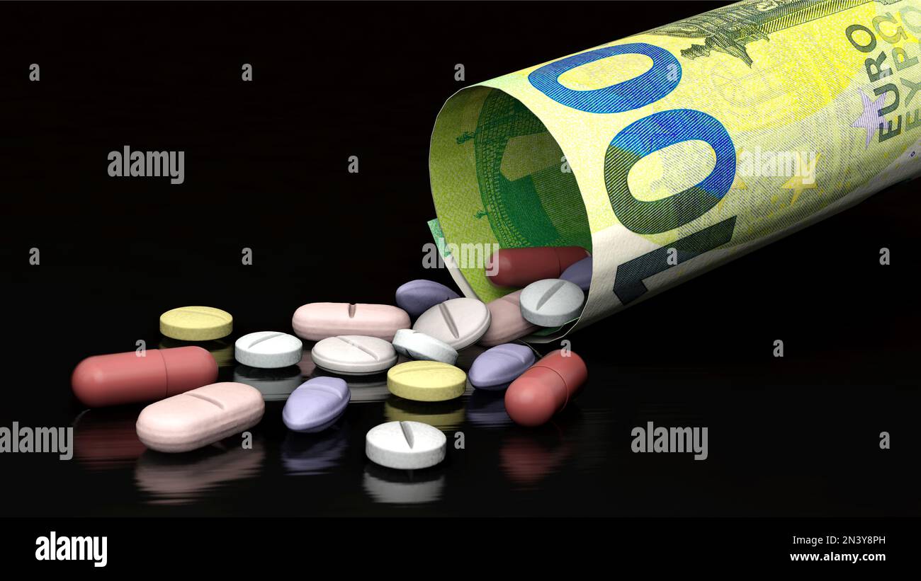 Varie pillole e euro fattura - farmaci e costi Foto Stock