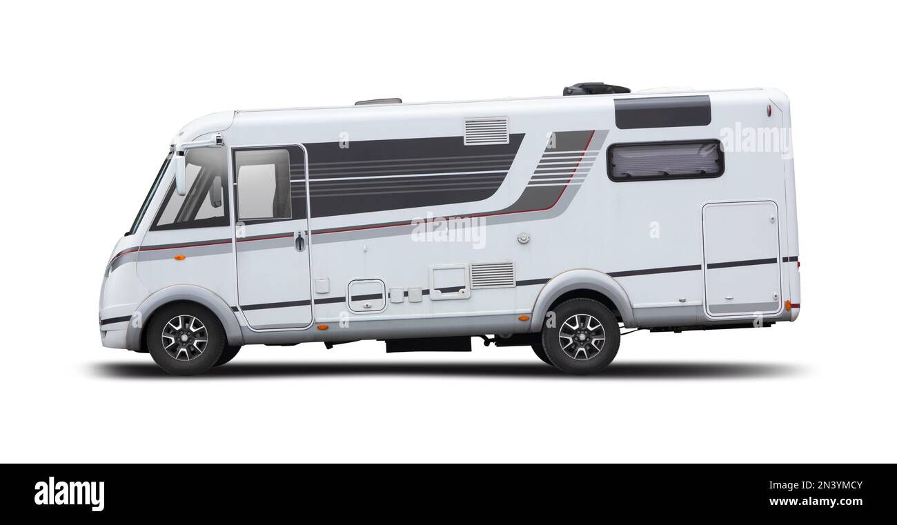 LMC Explorer Premium motorhome, vista laterale isolata su sfondo bianco Foto Stock