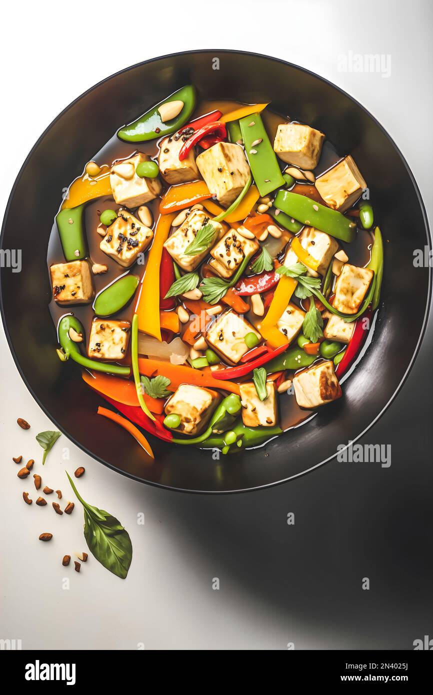 Fresco e colorato tofu Stir Fry su sfondo bianco - pasto vegano sano per mangiare sano Foto Stock