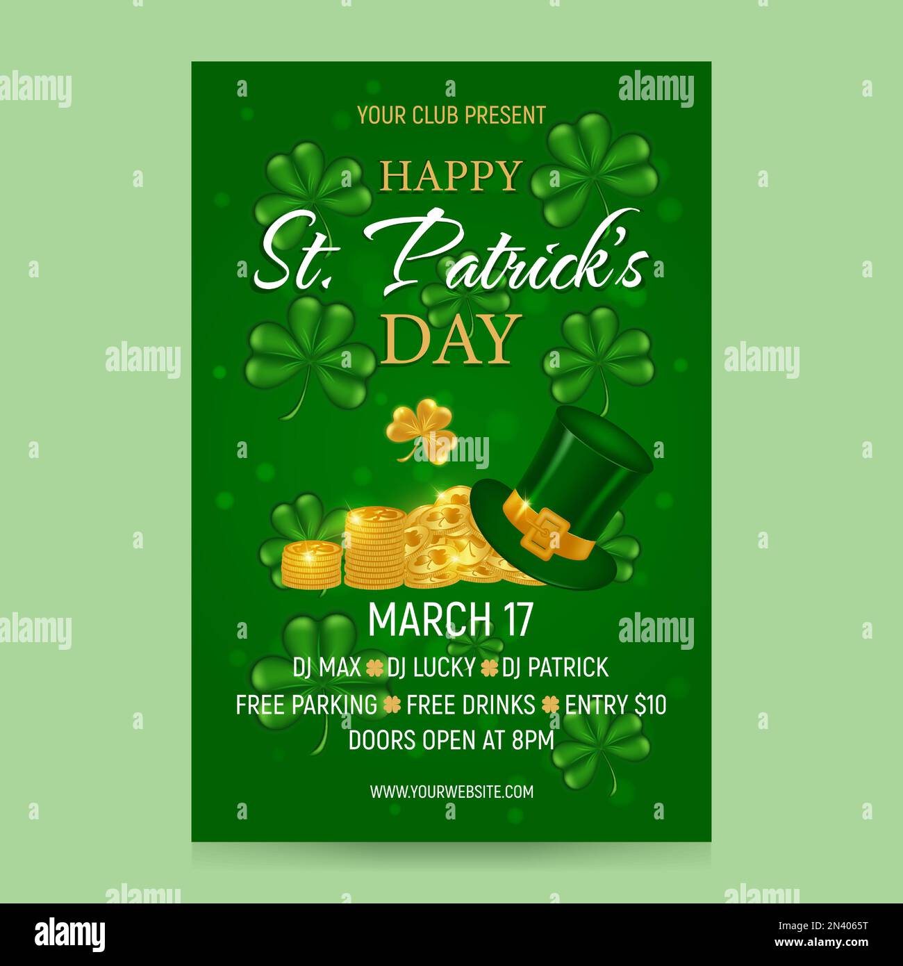 Giorno di San patrizio. Invito verticale di saluto per S.. Giorno di Patrick. Cappello Leprechaun, mucchio e pile di monete d'oro, shamrock trifoglio su uno sfondo verde Illustrazione Vettoriale