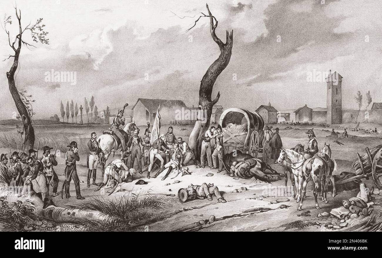 La morte del generale francese Desaix nella Battaglia di Marengo, 14 giugno 1800. Louis Charles Antoine Desaix, 1768 - 1800. Dopo un lavoro del 19th ° secolo di Victor Adam. Foto Stock