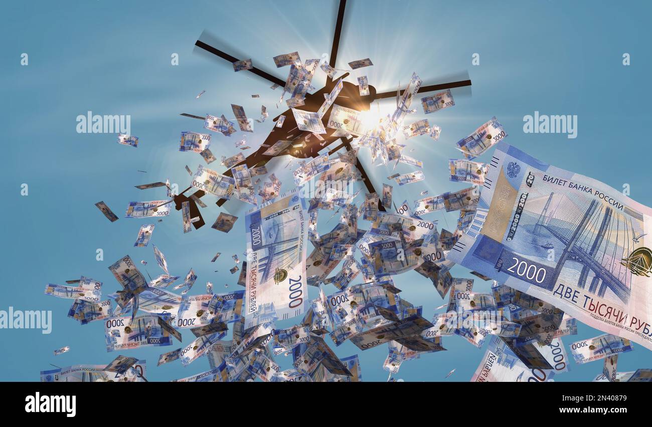 Russian Ruble banconote elicottero denaro in calo. Russia RUB 2000 note abstract 3D concetto di inflazione, stampa di denaro, finanza, economia, crisi an Foto Stock