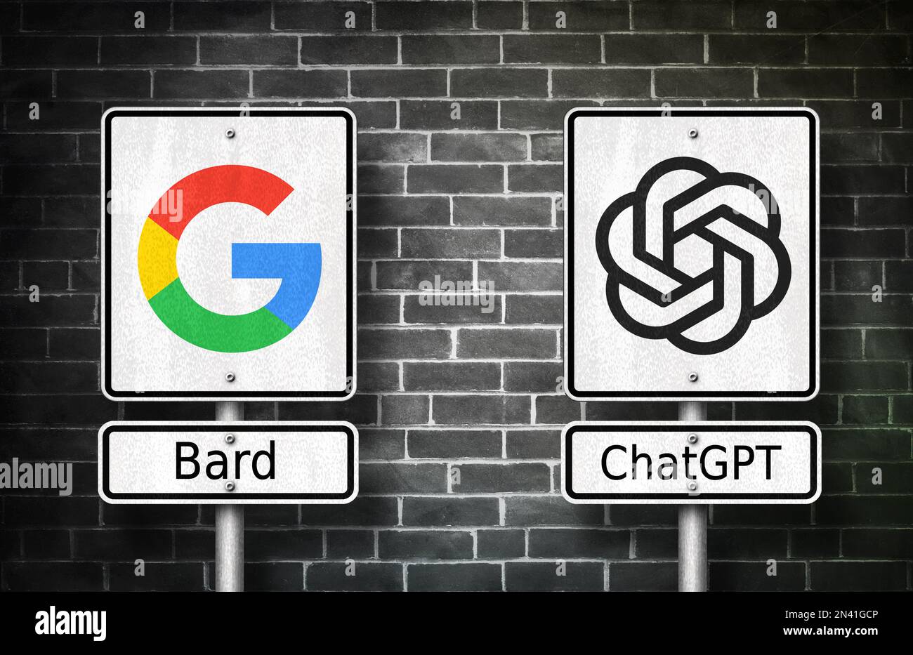 Google Bard contro OpenAI ChatGPT - intelligenza artificiale chatbot ai software Foto Stock