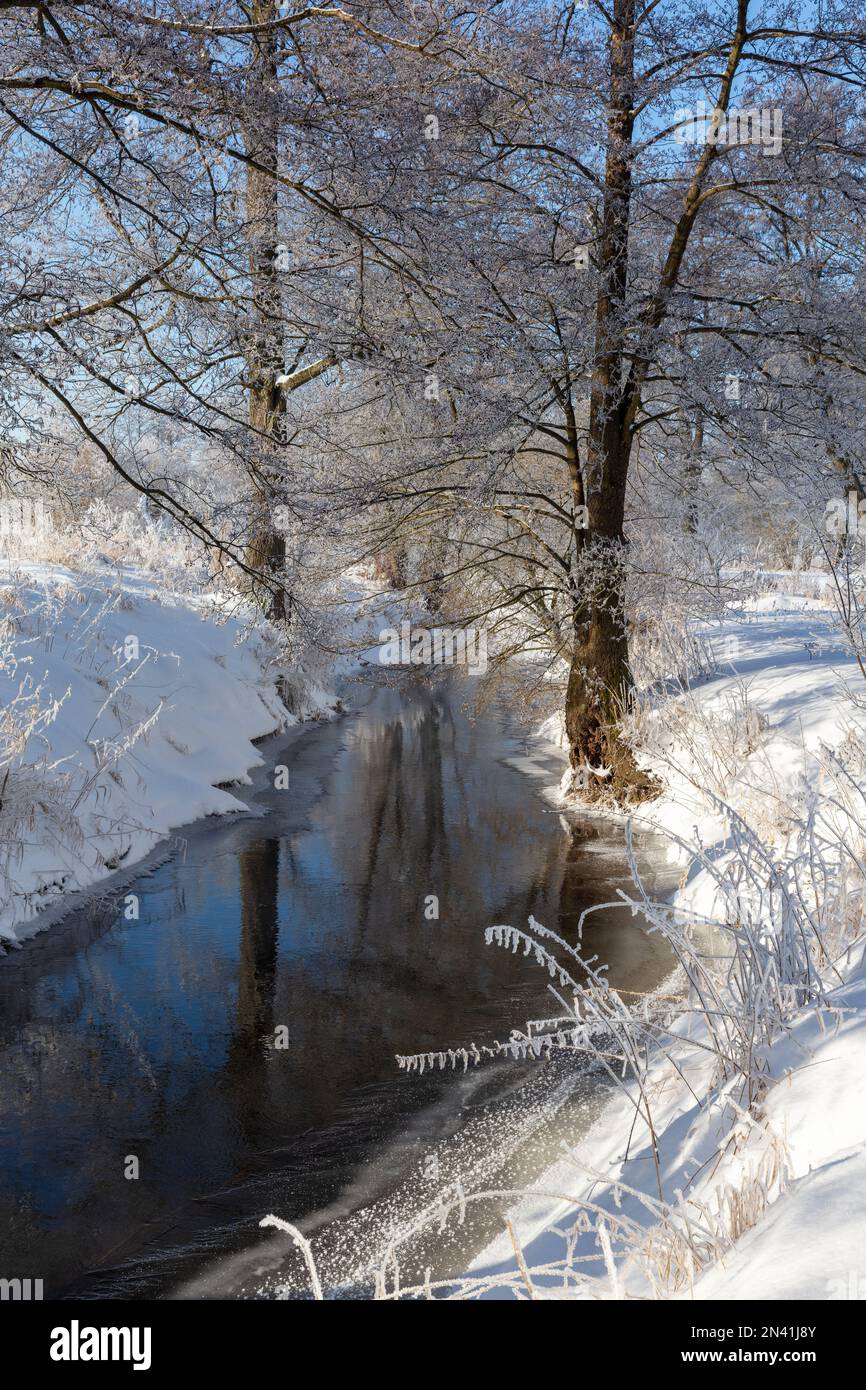 Warmia e Masuria, fiume nel paesaggio invernale, Polonia Foto Stock