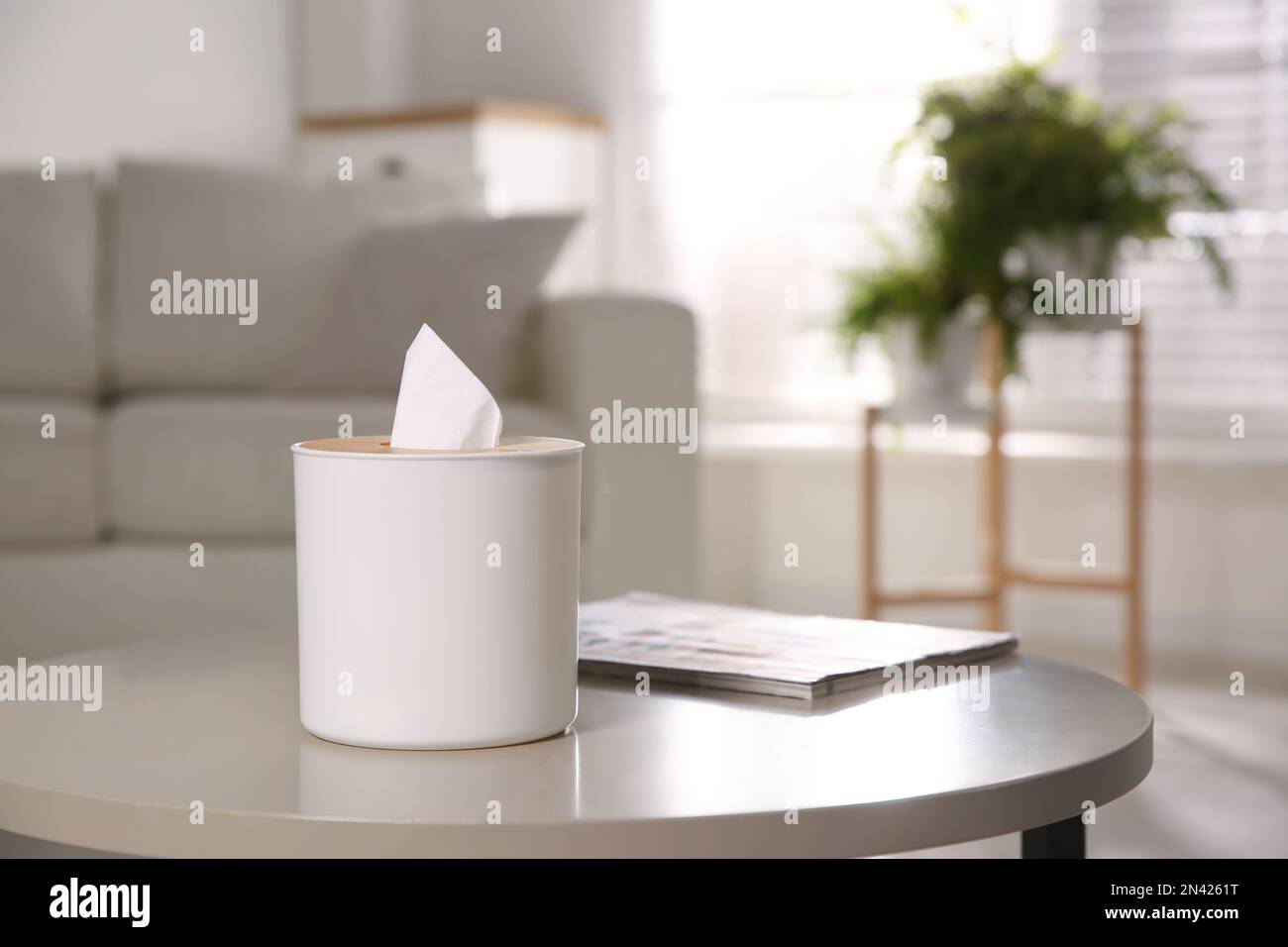 Scatola con fazzolettini di carta su un tavolo luminoso in soggiorno. Spazio per il testo Foto Stock