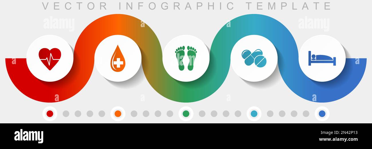 Modello vettoriale infografico ospedaliero con set di icone, icone varie come polso cardiaco, donazione di sangue, impronta, farmaci e letto per il webdesign AN Illustrazione Vettoriale